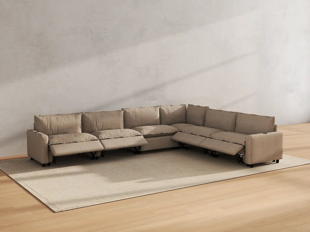 Modular Cero Reclining Sectionals | 6-Piece Khaki Linen Large Space V-Shaped Sectionals 6-Seater