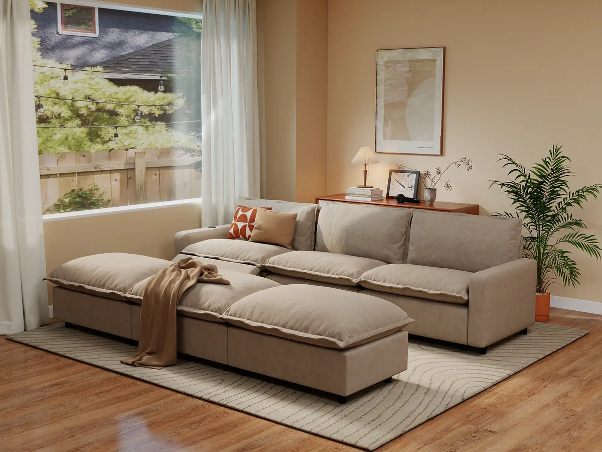 Modular Cero Reclining Sectionals | 6-Piece Khaki Linen Open Plan Pit Sectionals 3-Seater with 3-Ottomans