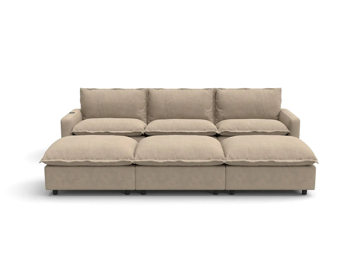 Modular Cero Reclining Sectionals | 6-Piece Khaki Linen Open Plan Pit Sectionals 3-Seater with 3-Ottomans