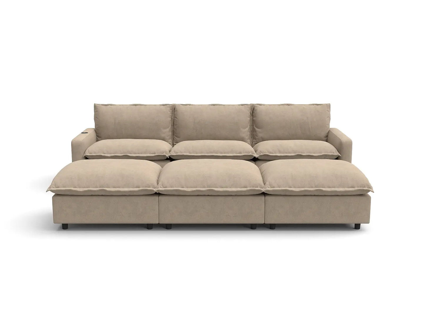 Modular Cero Reclining Sectionals | 6-Piece Khaki Linen Open Plan Pit Sectionals 3-Seater with 3-Ottomans