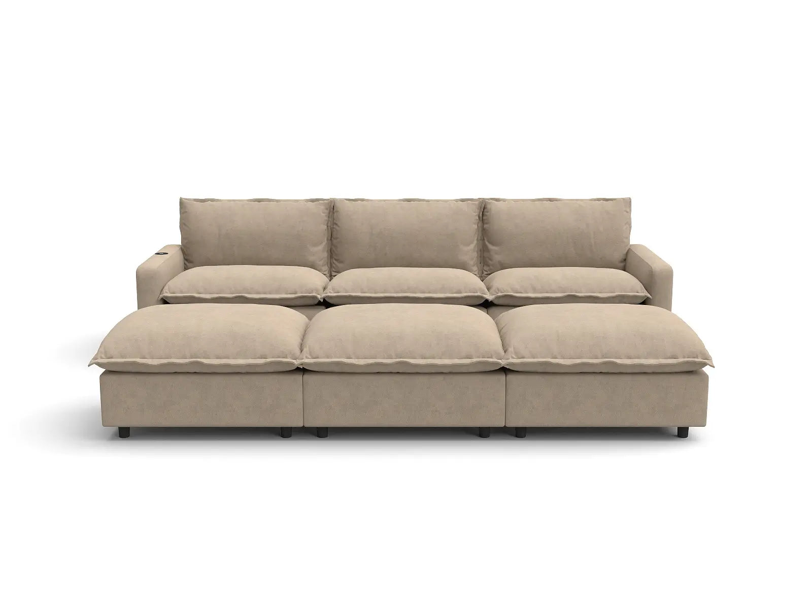 Modular Cero Power Reclining Sectional with Chaise | 6-Piece Khaki Linen Open Plan Pit Sectionals 3-Seater with 3-Ottomans