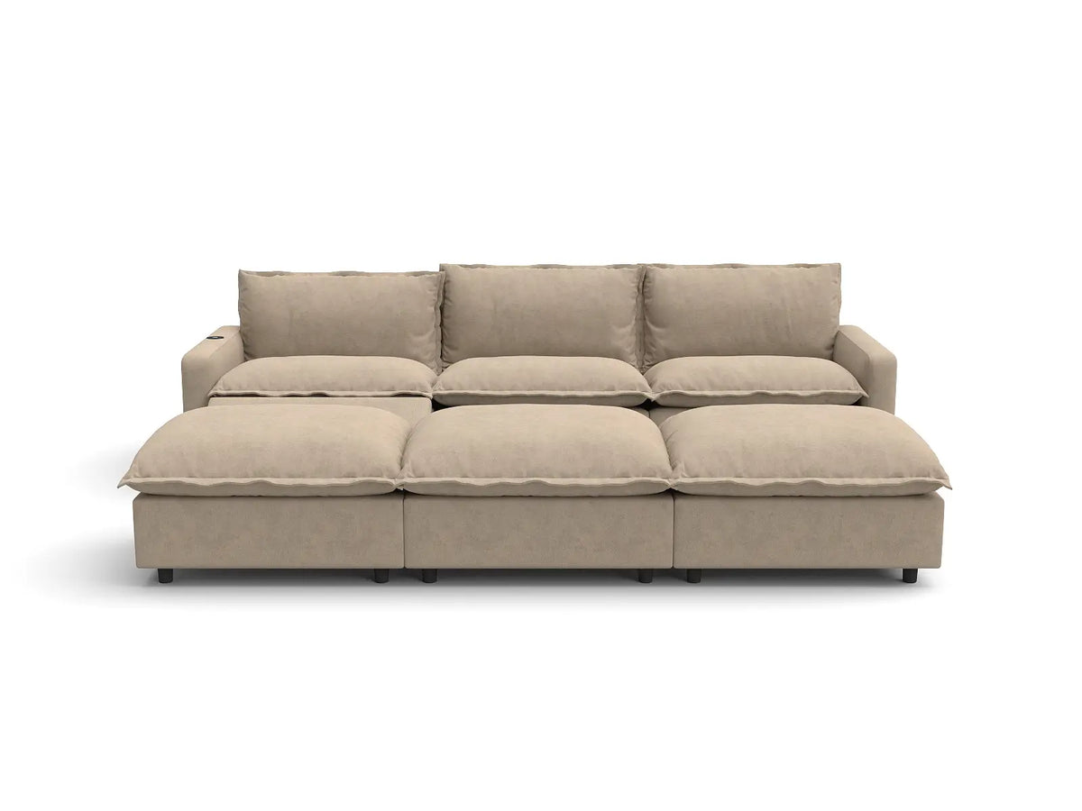 Modular Cero Reclining Sectionals | 6-Piece Khaki Linen Open Plan Pit Sectionals 3-Seater with 3-Ottomans