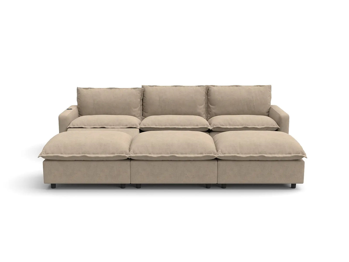 Modular Cero Reclining Sectionals | 6-Piece Khaki Linen Open Plan Pit Sectionals 3-Seater with 3-Ottomans