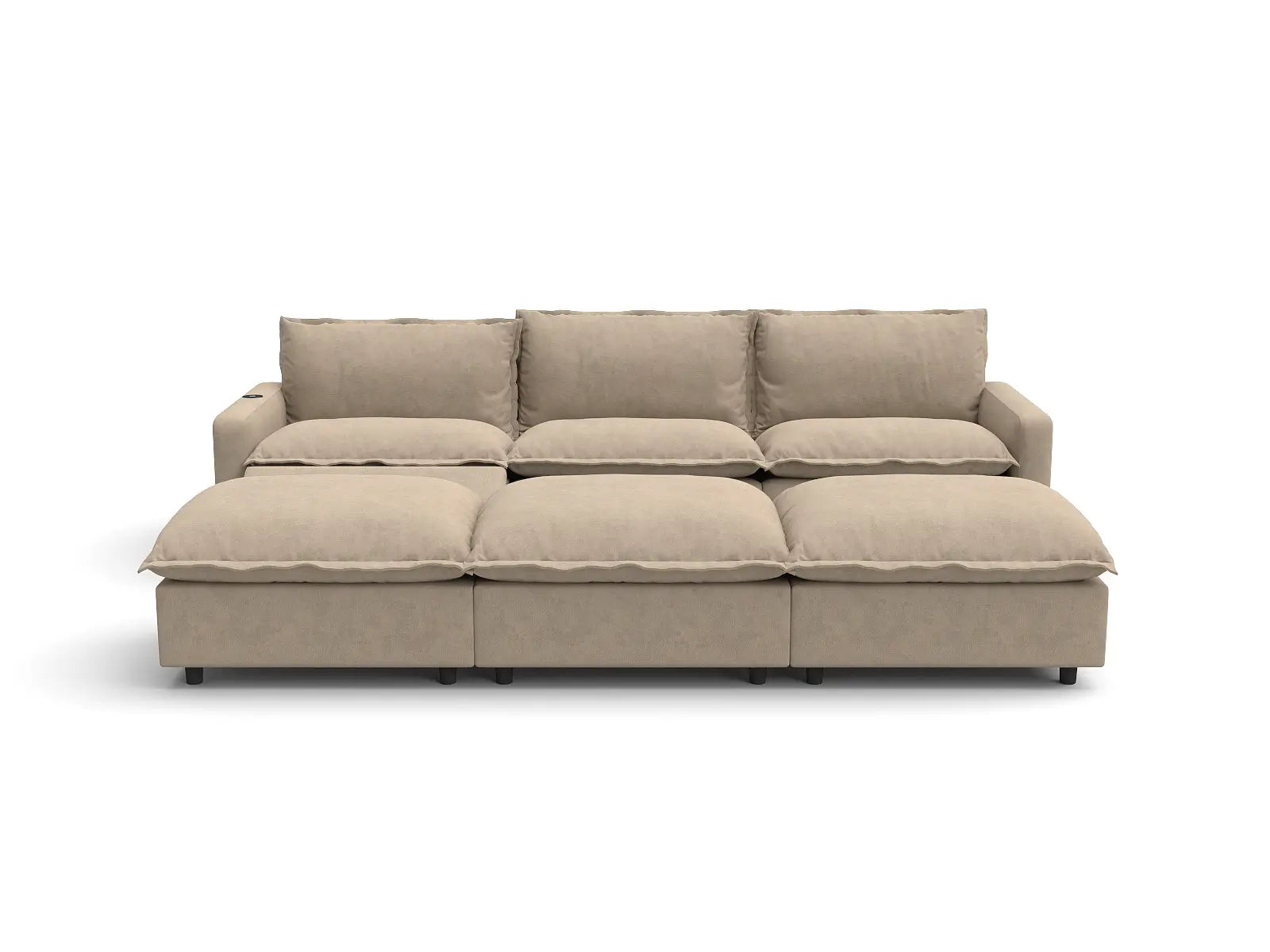 Modular Cero Power Reclining Sectional with Chaise | 6-Piece Khaki Linen Open Plan Pit Sectionals 3-Seater with 3-Ottomans