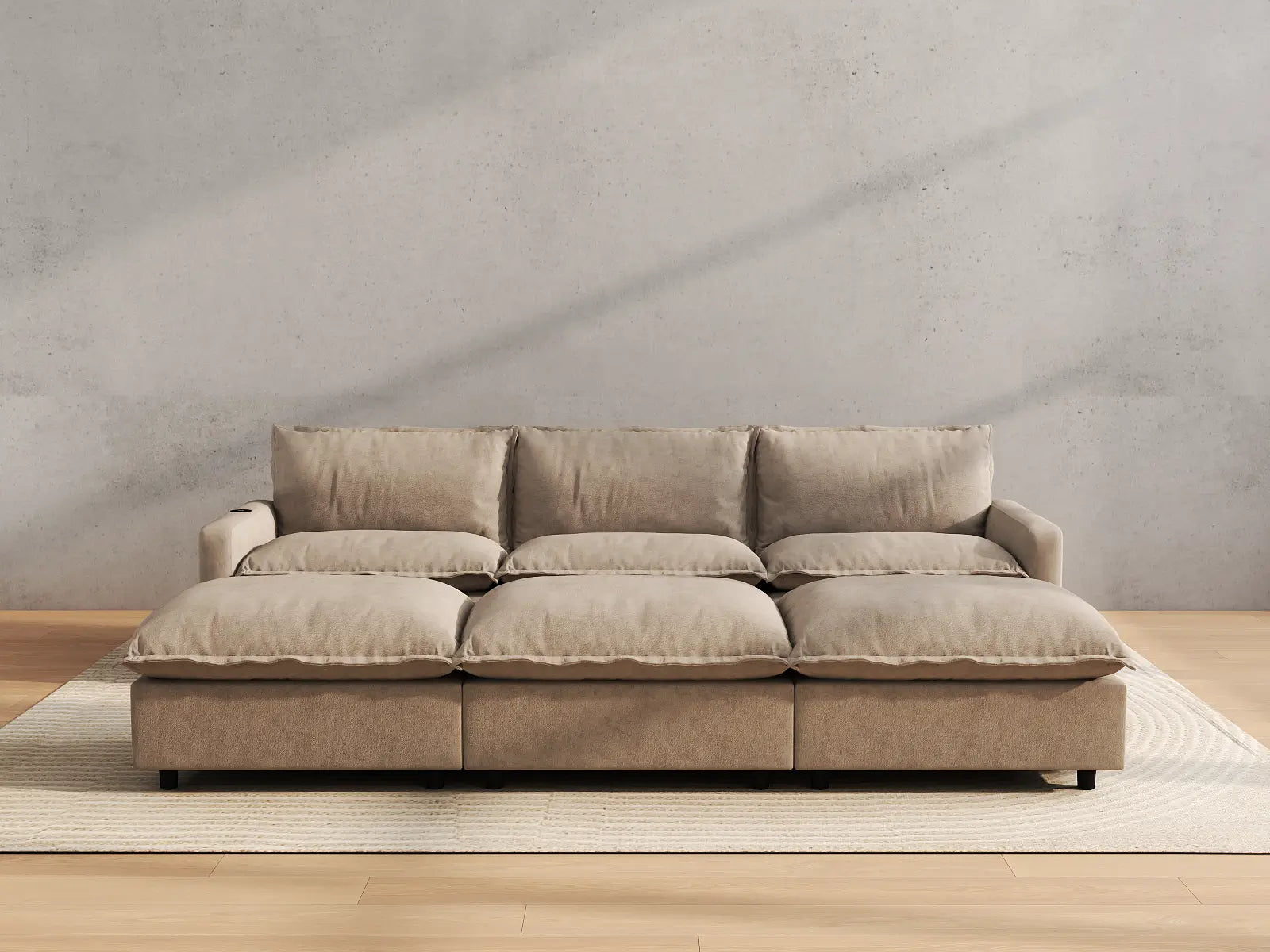 Modular Cero Power Reclining Sectional with Chaise | 6-Piece Khaki Linen Open Plan Pit Sectionals 3-Seater with 3-Ottomans