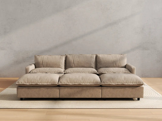 Modular Cero Reclining Sectionals | 6-Piece Khaki Linen Open Plan Pit Sectionals 3-Seater with 3-Ottomans