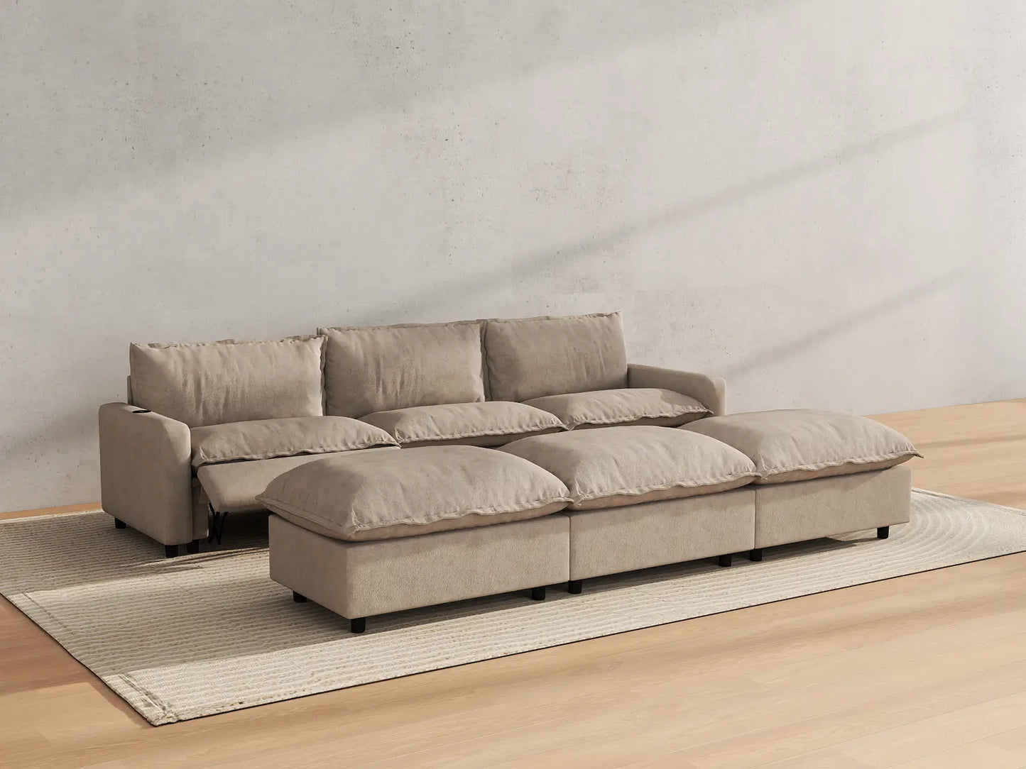 Modular Cero Reclining Sectionals | 6-Piece Khaki Linen Open Plan Pit Sectionals 3-Seater with 3-Ottomans
