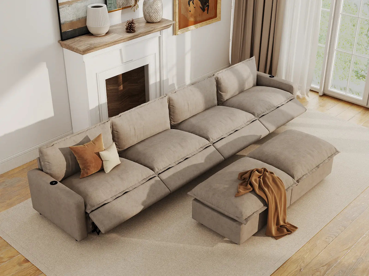 Modular Cero Reclining Sectionals | 6-Piece Khaki Linen Open Plan Sofa Sets 4-Seater with 2-Ottomans