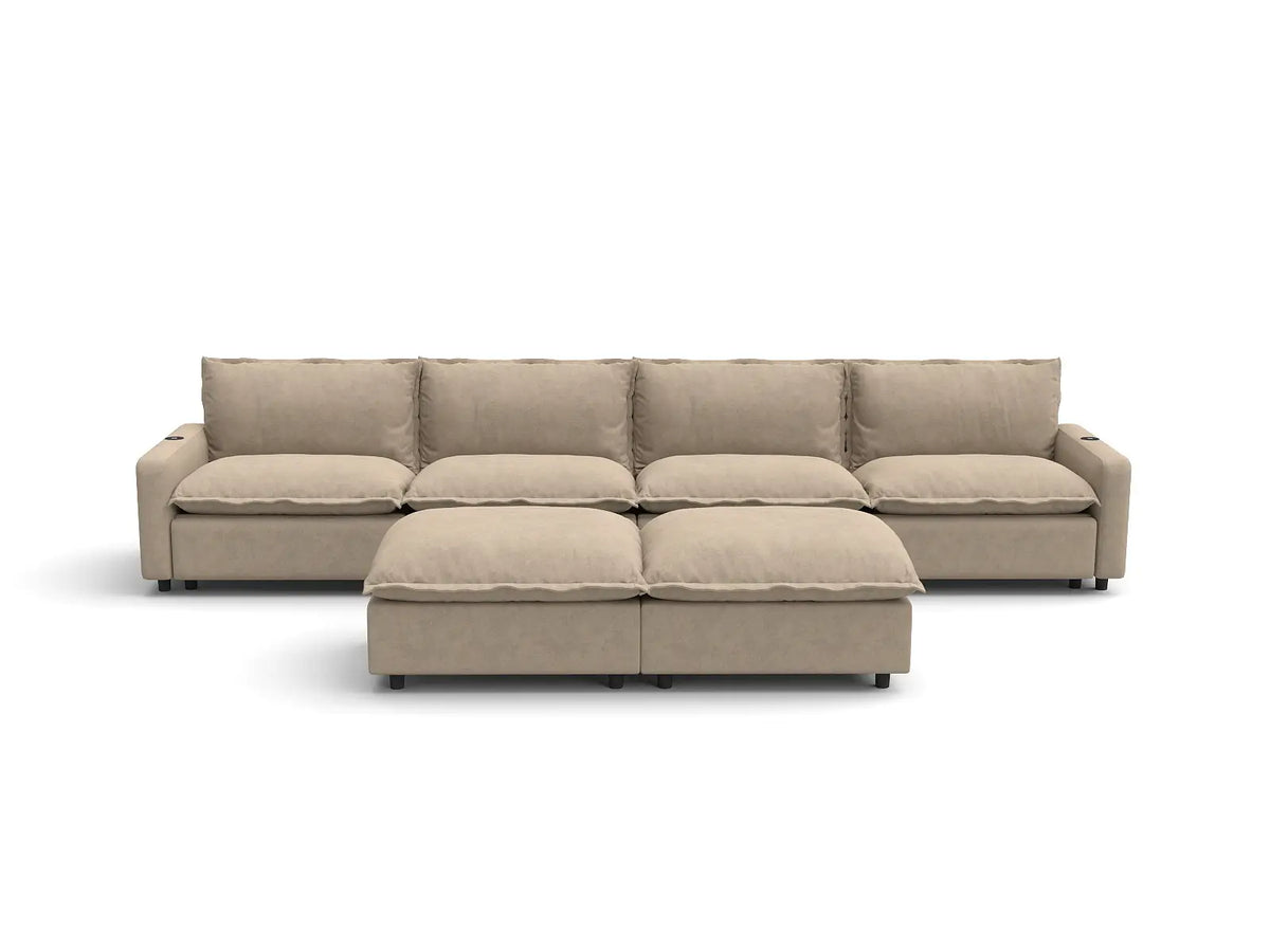 Modular Cero Reclining Sectionals | 6-Piece Khaki Linen Open Plan Sofa Sets 4-Seater with 2-Ottomans