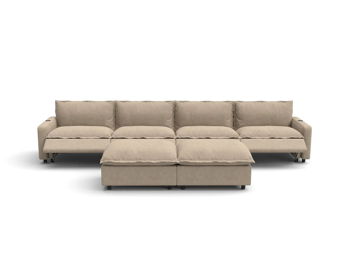 Modular Cero Reclining Sectionals | 6-Piece Khaki Linen Open Plan Sofa Sets 4-Seater with 2-Ottomans
