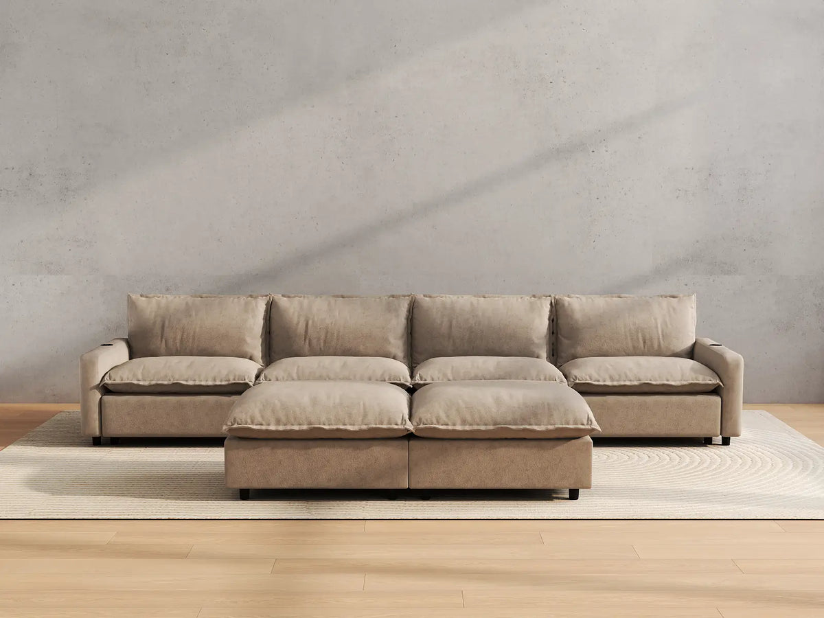Modular Cero Reclining Sectionals | 6-Piece Khaki Linen Open Plan Sofa Sets 4-Seater with 2-Ottomans