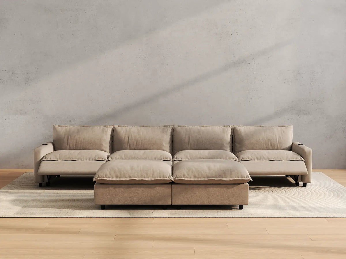 Modular Cero Reclining Sectionals | 6-Piece Khaki Linen Open Plan Sofa Sets 4-Seater with 2-Ottomans