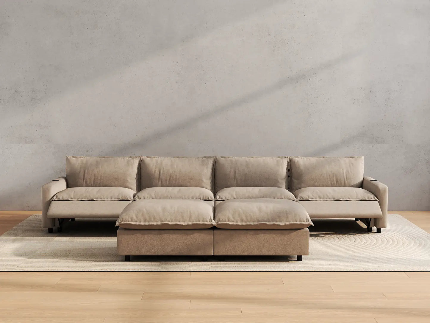 Modular Cero Reclining Sectionals | 6-Piece Khaki Linen Open Plan Sofa Sets 4-Seater with 2-Ottomans