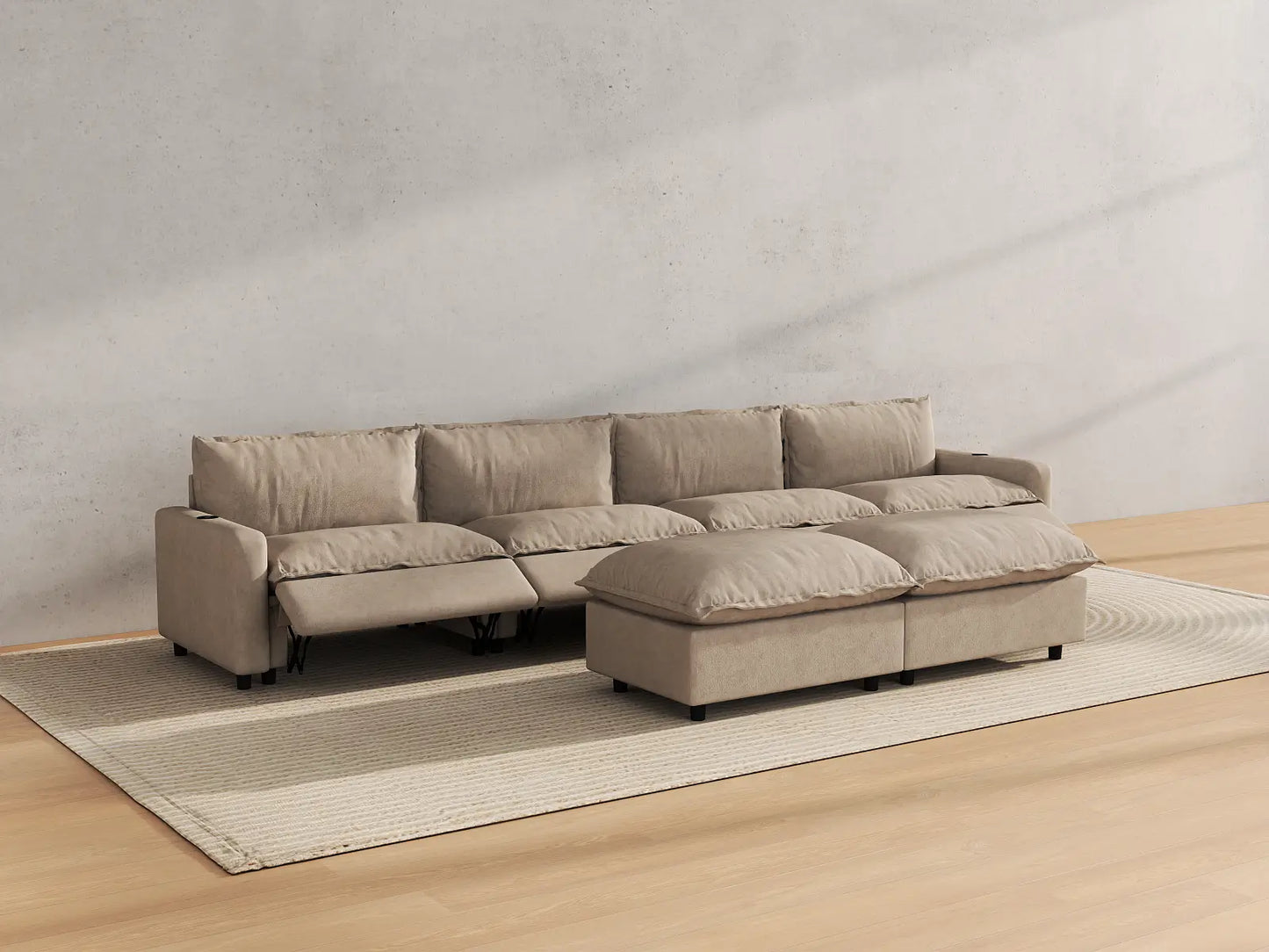 Modular Cero Reclining Sectionals | 6-Piece Khaki Linen Open Plan Sofa Sets 4-Seater with 2-Ottomans