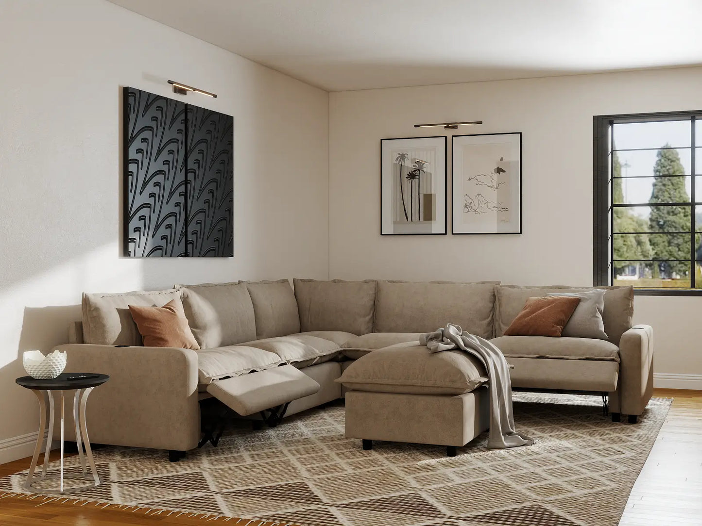 Modular Cero Reclining Sectionals | 6-Piece Khaki Linen Open Plan Sofa Sets 5-Seater with 1-Ottoman