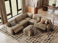 Modular Cero Reclining Sectionals | 6-Piece Khaki Linen Open Plan Sofa Sets 5-Seater with 1-Ottoman