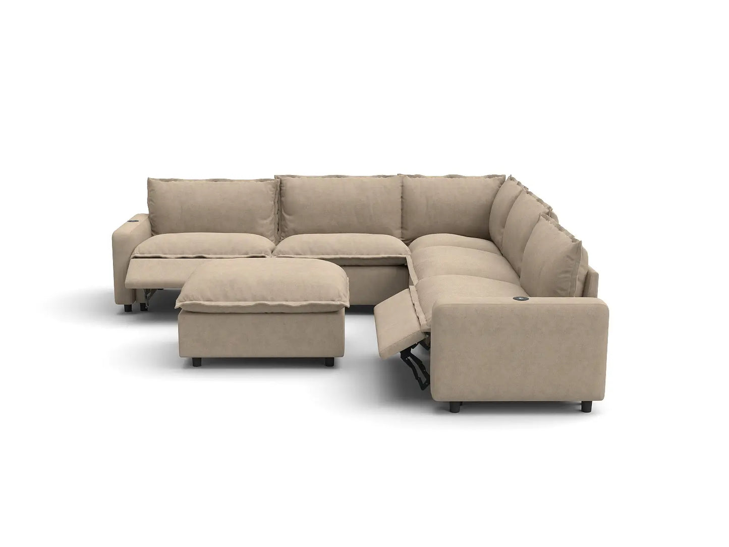 Modular Cero Reclining Sectionals | 6-Piece Khaki Linen Open Plan Sofa Sets 5-Seater with 1-Ottoman