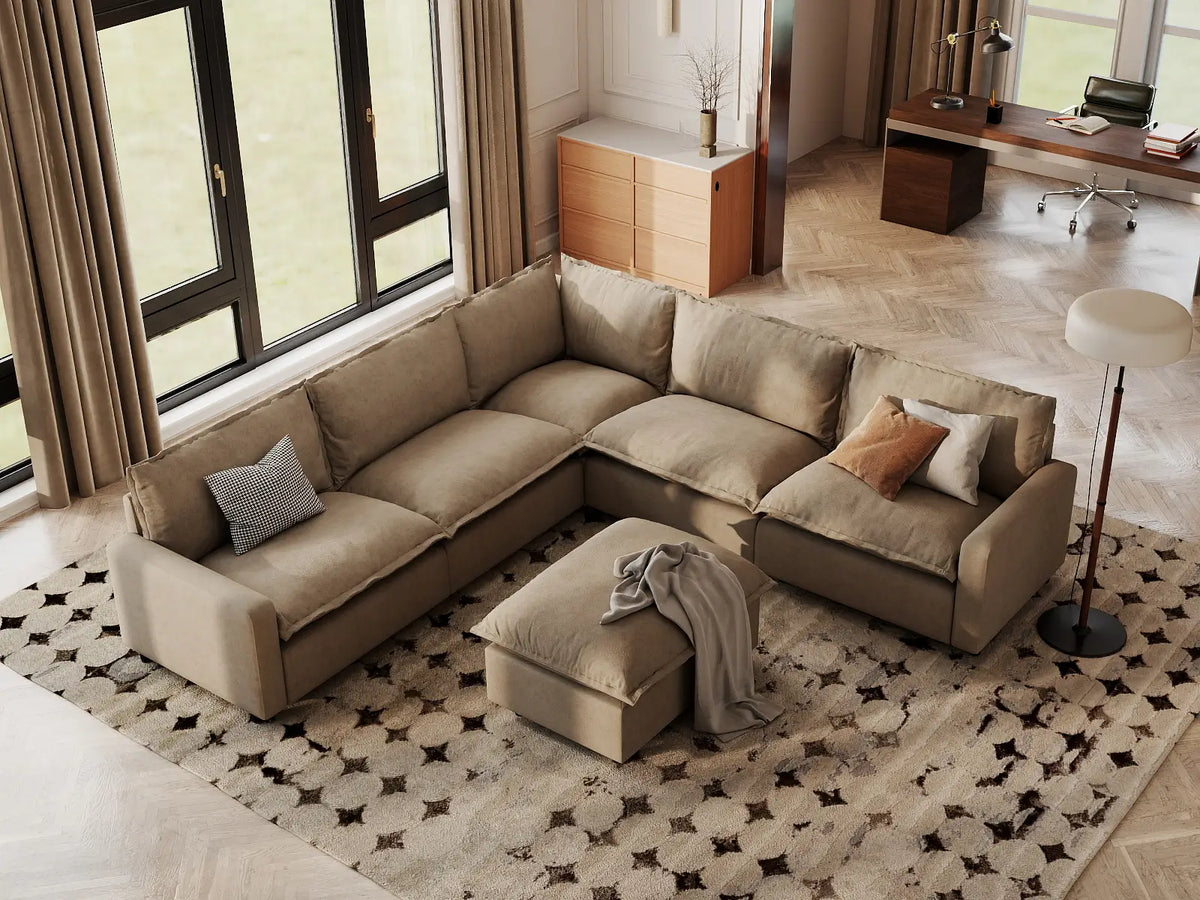 Modular Cero Modular Sectionals | 6-Piece Khaki Linen Open Plan Sofa Sets 5-Seater with 1-Ottoman