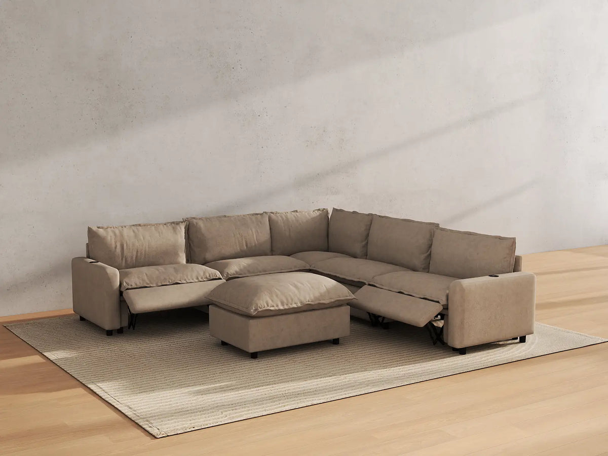 Modular Cero Reclining Sectionals | 6-Piece Khaki Linen Open Plan Sofa Sets 5-Seater with 1-Ottoman