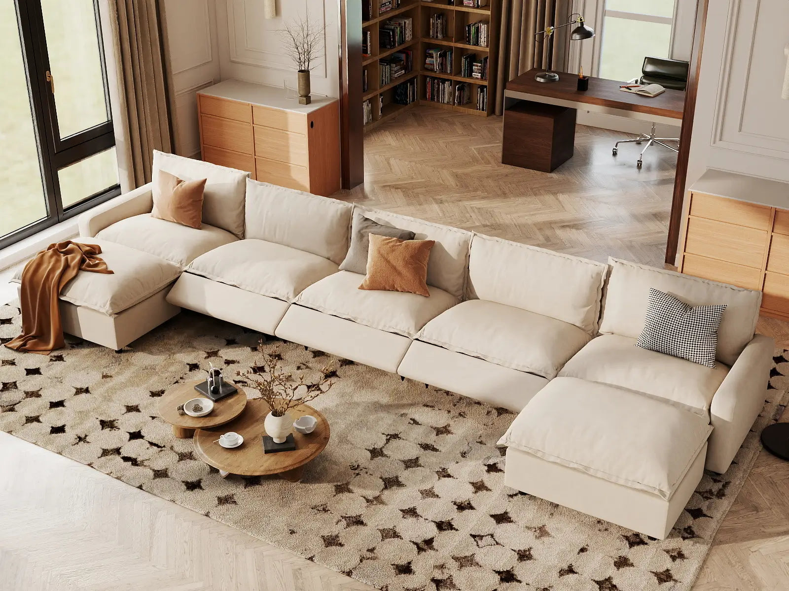 7 Piece Beige Linen Built In Footrest U Shaped Sectionals 5 Seater with 2 Ottomans 1