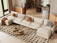 7 Piece Beige Linen Built In Footrest U Shaped Sectionals 5 Seater with 2 Ottomans 1