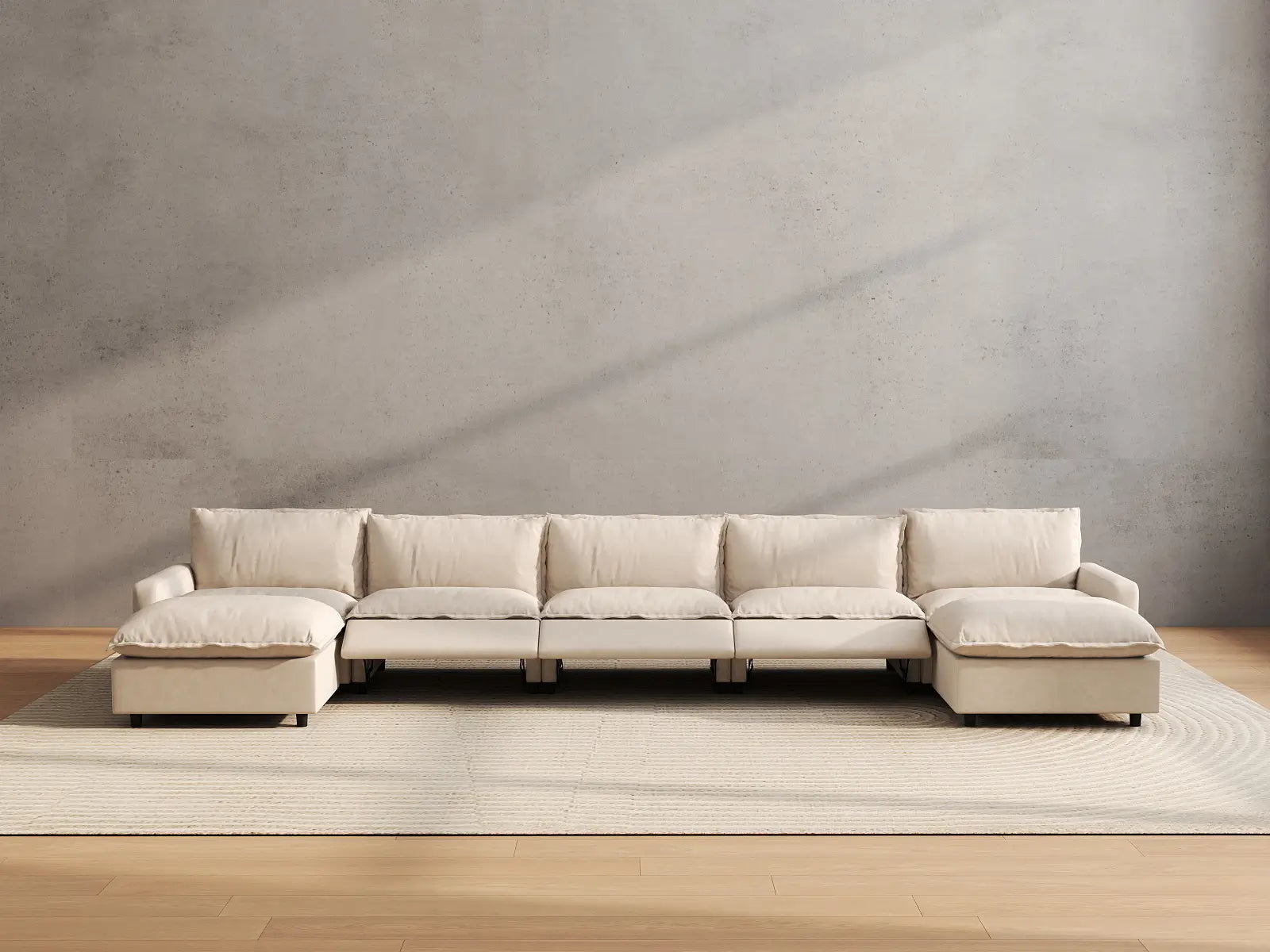 7 Piece Beige Linen Built In Footrest U Shaped Sectionals 5 Seater with 2 Ottomans 5