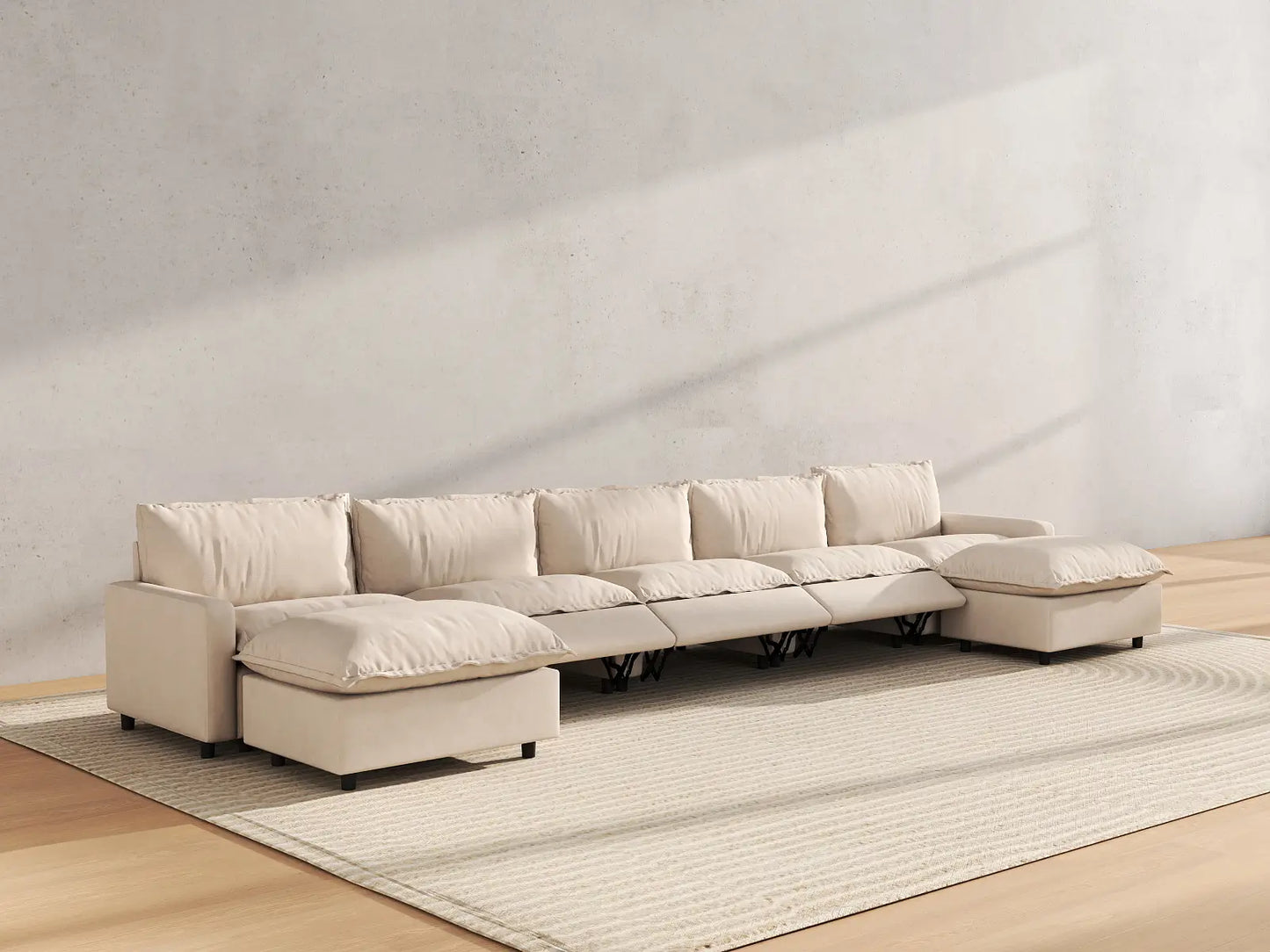 7 Piece Beige Linen Built In Footrest U Shaped Sectionals 5 Seater with 2 Ottomans 6