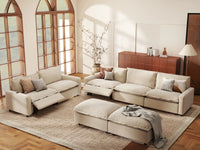 7 Piece Beige Linen Down Filled Back Sofa Sets 5 Seater with 2 Ottomans 1