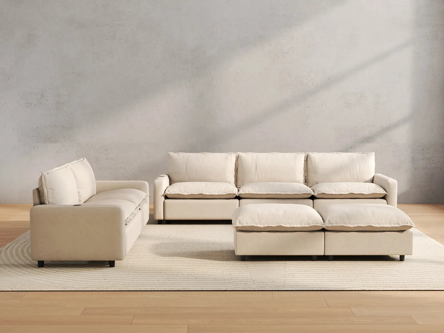 7 Piece Beige Linen Down Filled Back Sofa Sets 5 Seater with 2 Ottomans 4