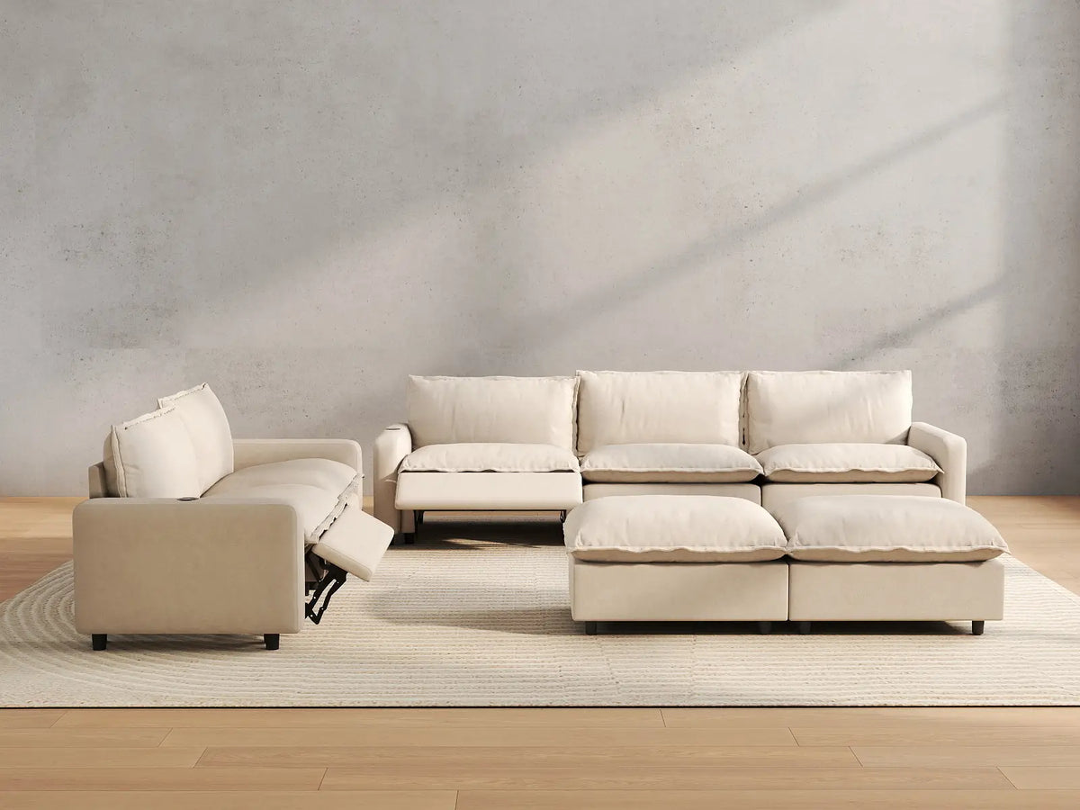 7 Piece Beige Linen Down Filled Back Sofa Sets 5 Seater with 2 Ottomans 5