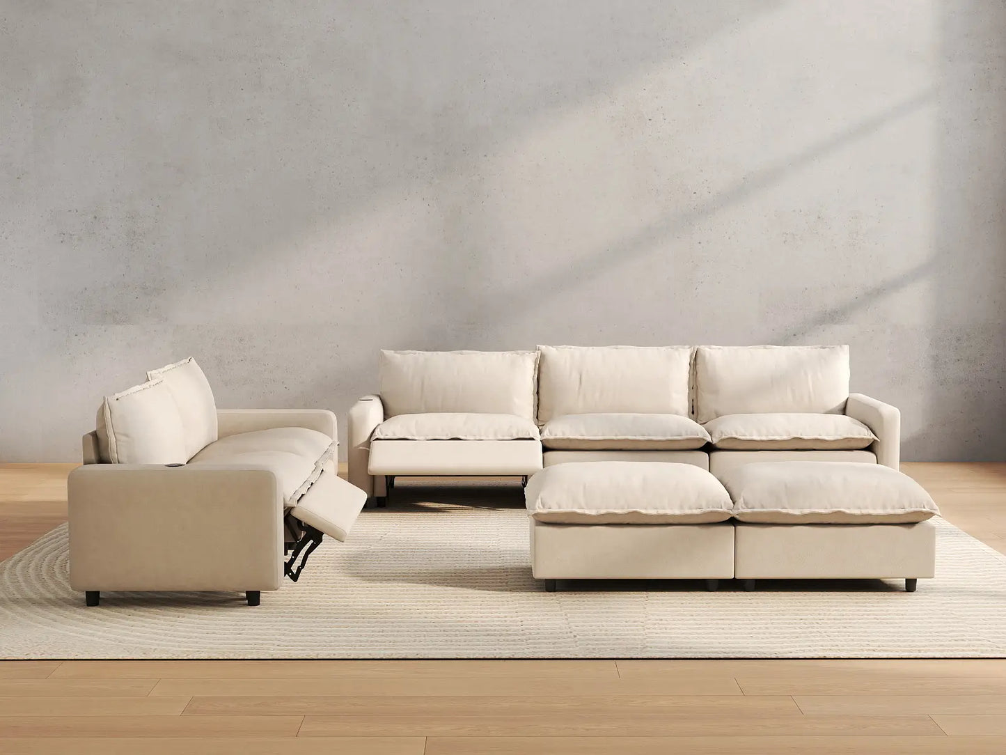 7 Piece Beige Linen Down Filled Back Sofa Sets 5 Seater with 2 Ottomans 5