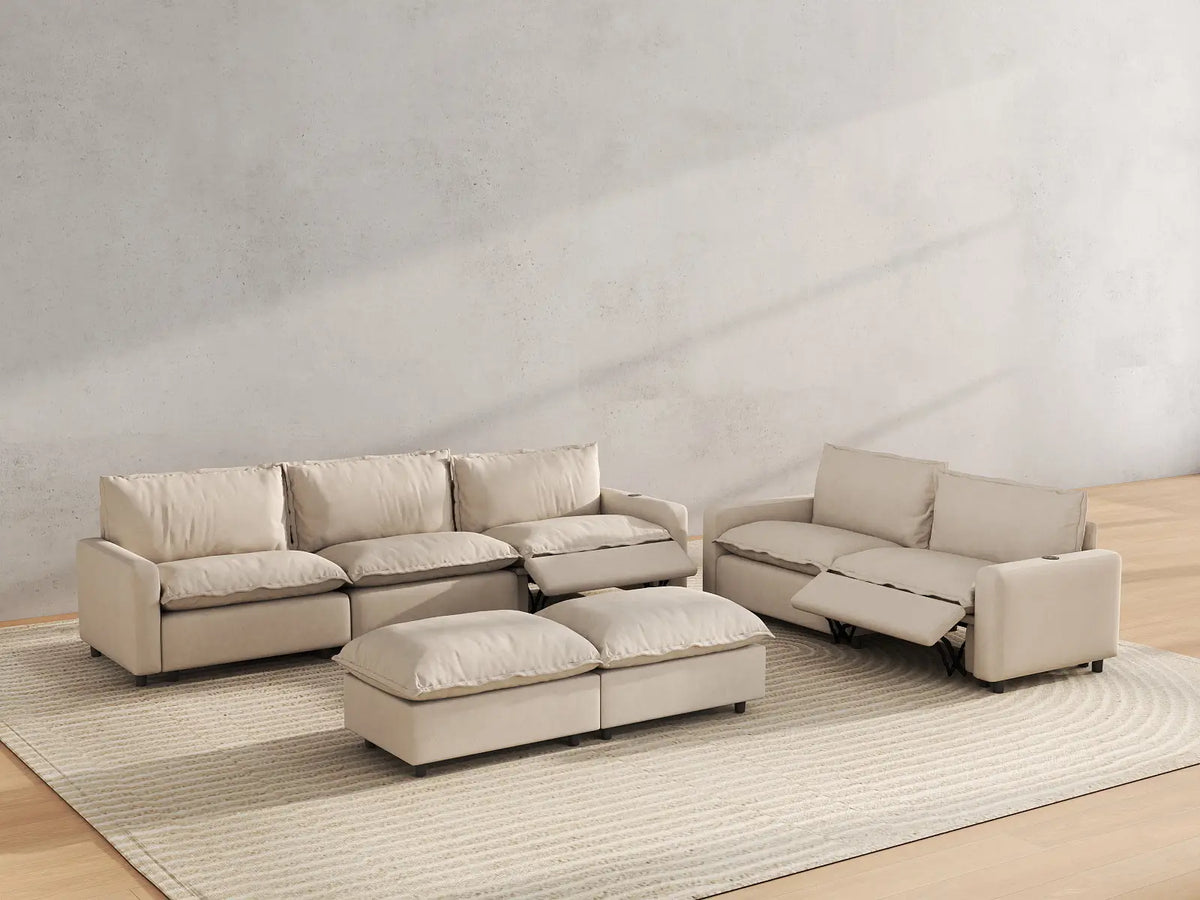 7 Piece Beige Linen Down Filled Back Sofa Sets 5 Seater with 2 Ottomans 6