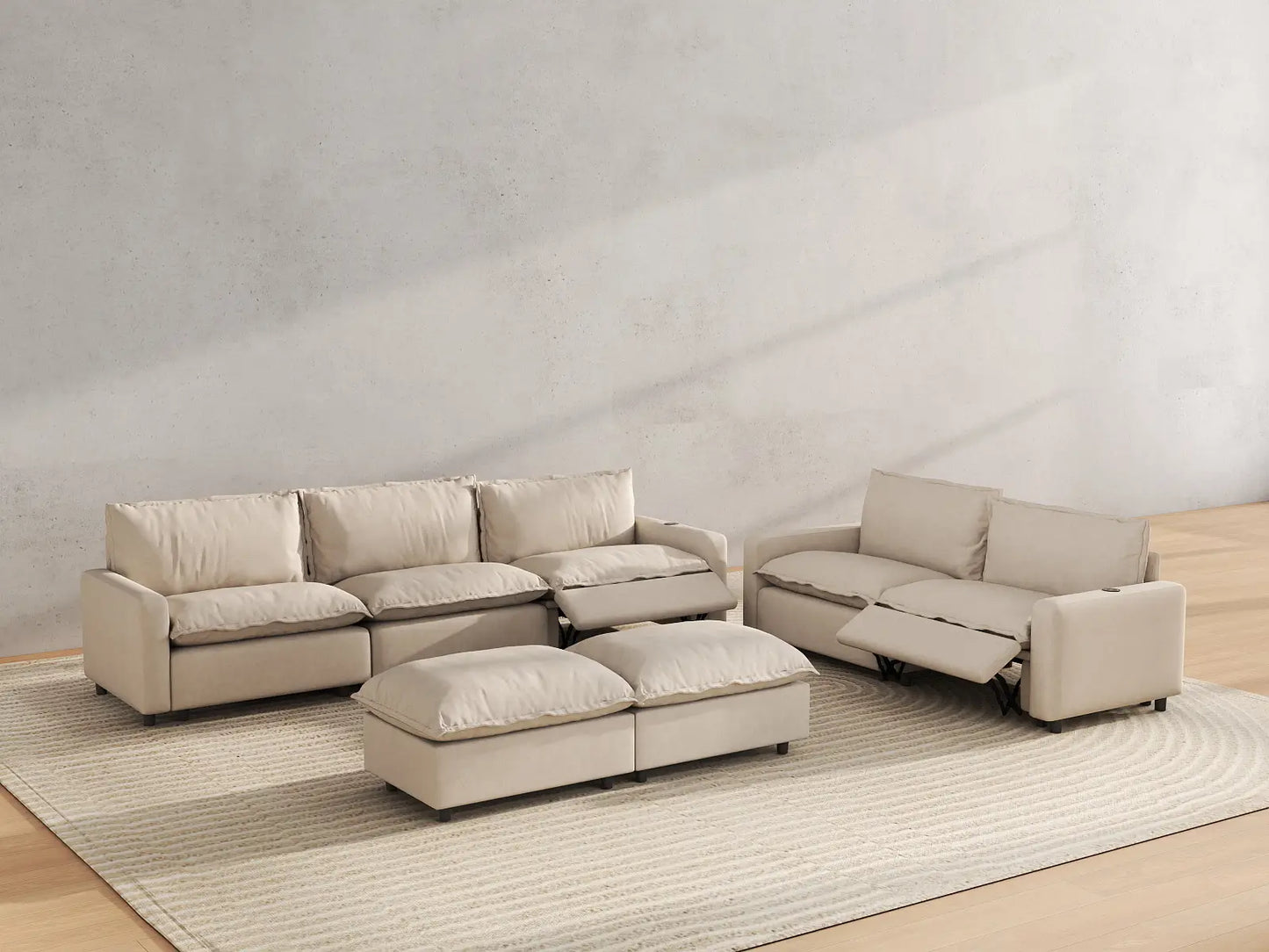 7 Piece Beige Linen Down Filled Back Sofa Sets 5 Seater with 2 Ottomans 6