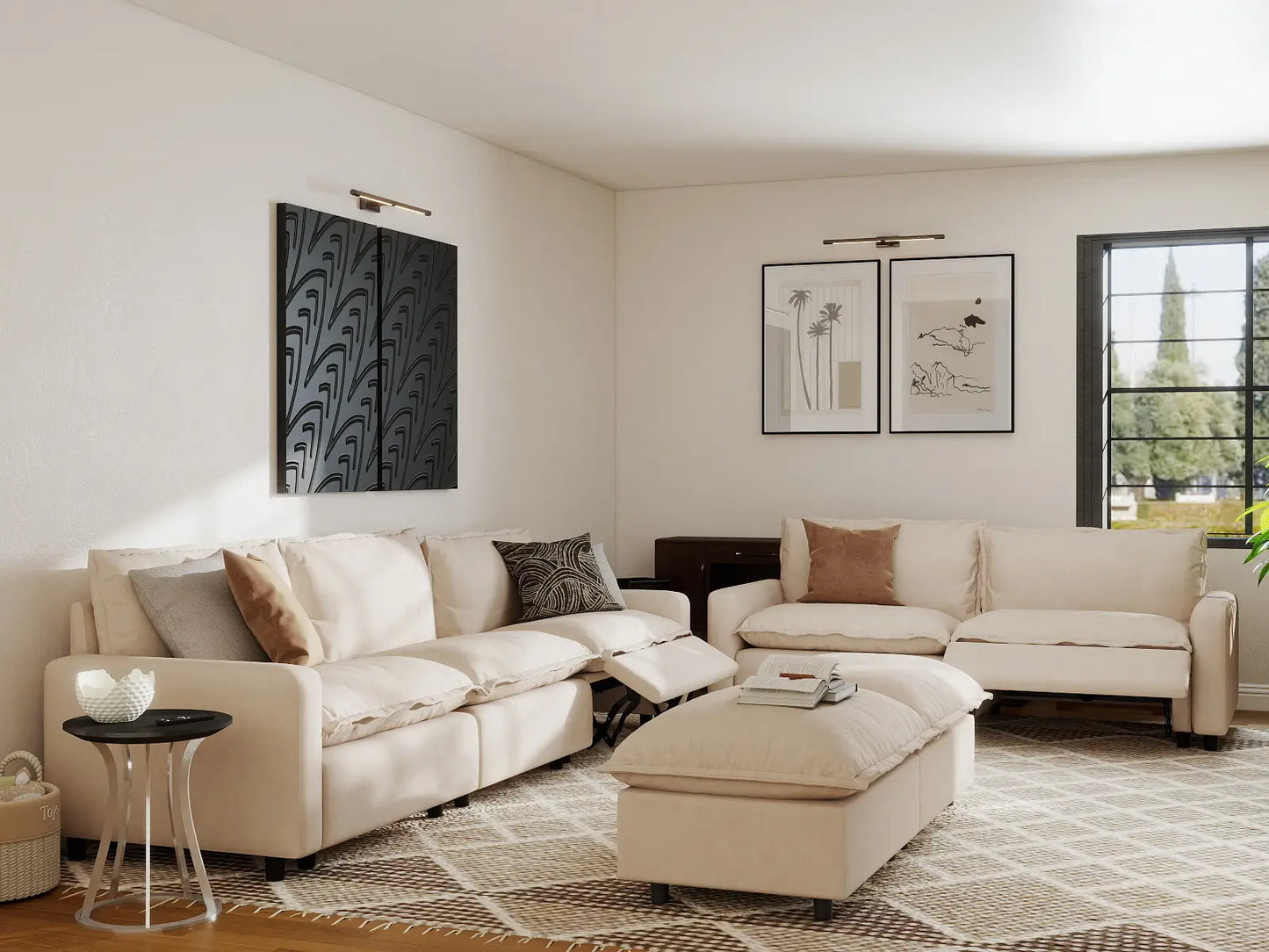 7 Piece Beige Linen Down Filled Back Sofa Sets 5 Seater with 2 Ottomans 7