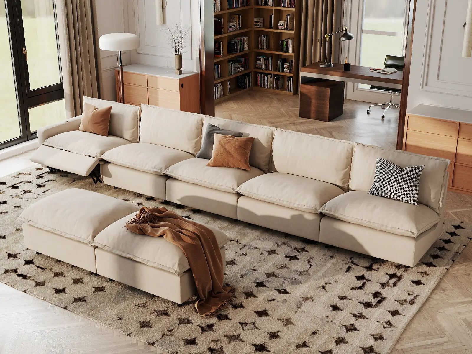 7 Piece Beige Linen Float On Air Sofa Sets 5 Seater with 2 Ottomans 1