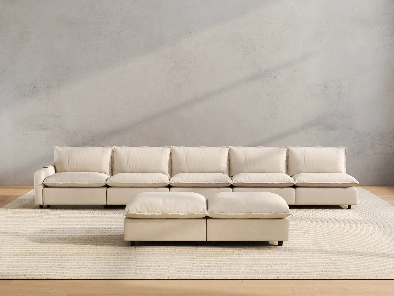 7 Piece Beige Linen Float On Air Sofa Sets 5 Seater with 2 Ottomans 4