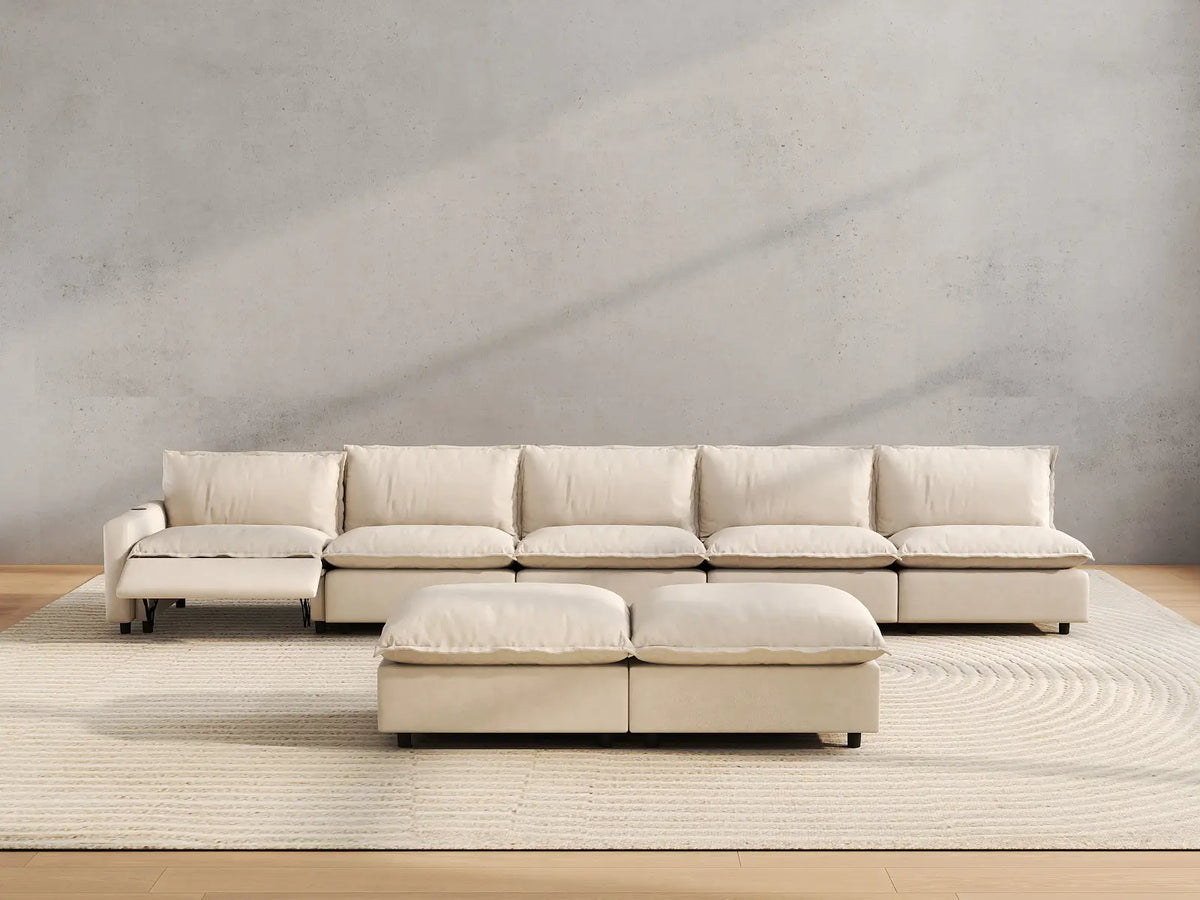 7 Piece Beige Linen Float On Air Sofa Sets 5 Seater with 2 Ottomans 5