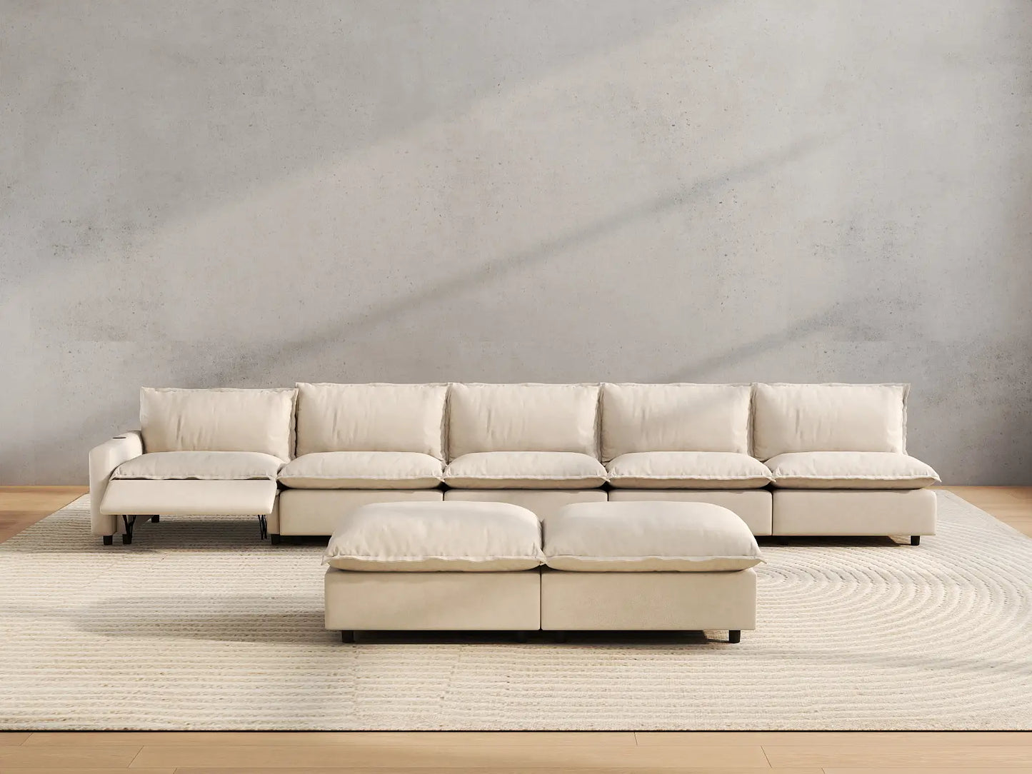 7 Piece Beige Linen Float On Air Sofa Sets 5 Seater with 2 Ottomans 5