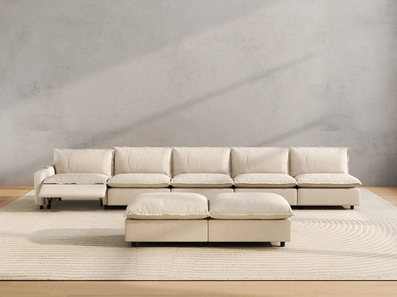 7 Piece Beige Linen Float On Air Sofa Sets 5 Seater with 2 Ottomans 5