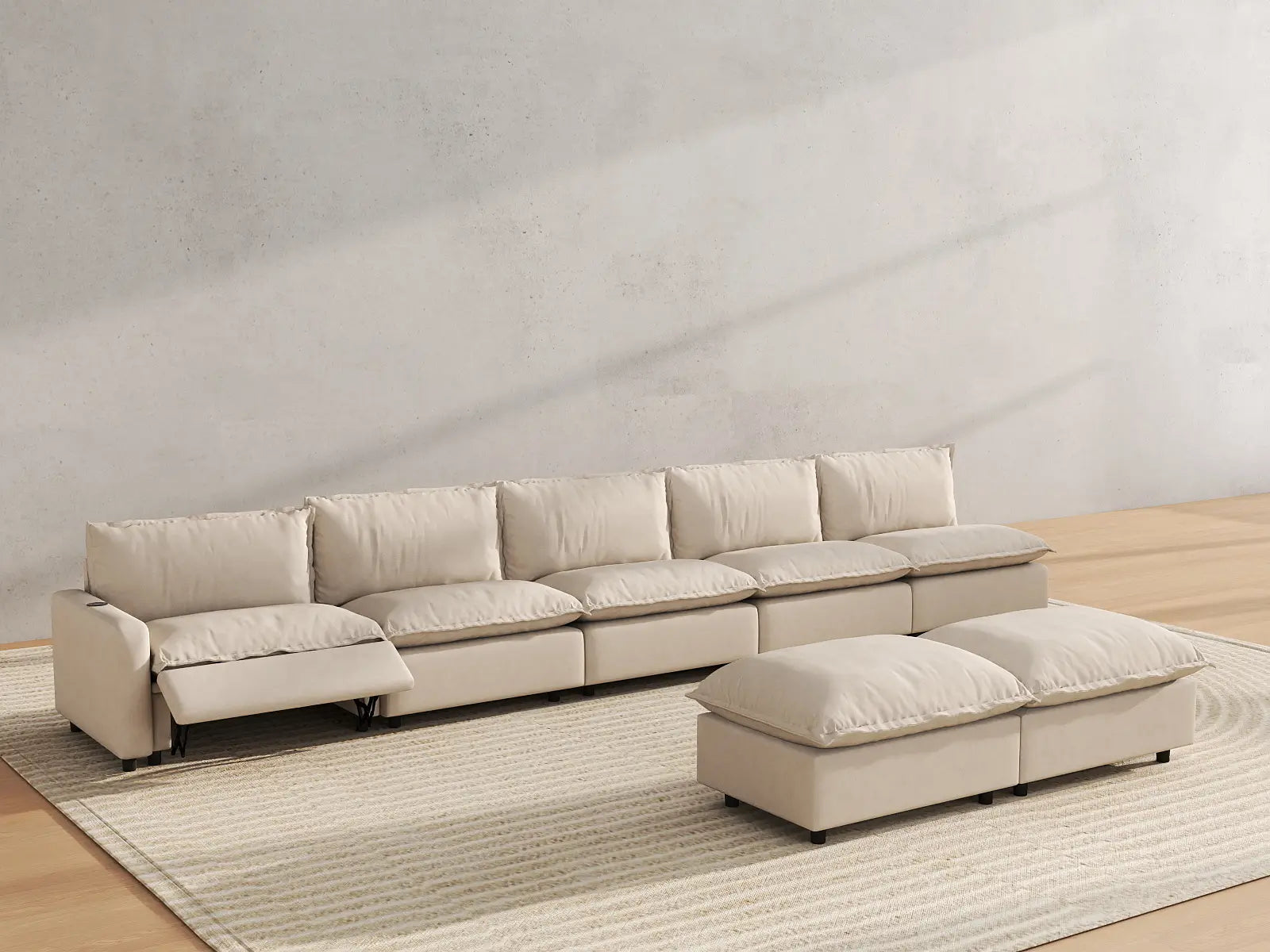 7 Piece Beige Linen Float On Air Sofa Sets 5 Seater with 2 Ottomans 6