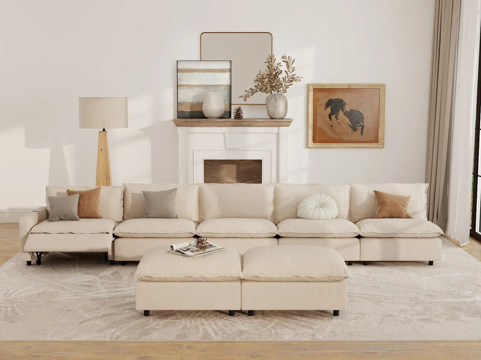 7 Piece Beige Linen Float On Air Sofa Sets 5 Seater with 2 Ottomans 7