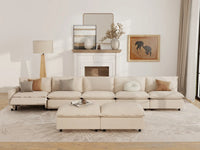 7 Piece Beige Linen Float On Air Sofa Sets 5 Seater with 2 Ottomans 7
