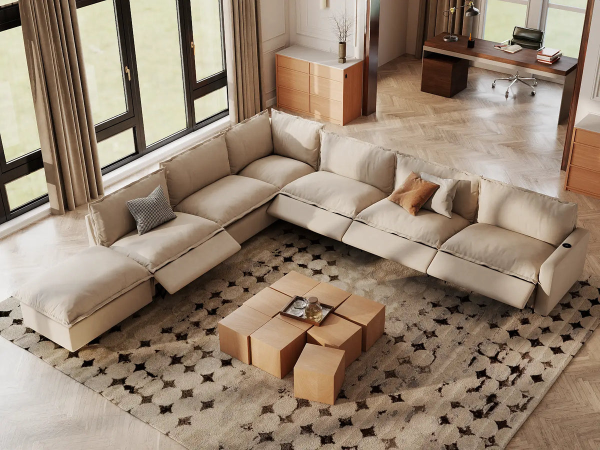 Modular Cero Reclining Sectionals | 7-Piece Beige Linen Grand Estate V-Shaped Sectionals 6-Seater with 1-Ottoman
