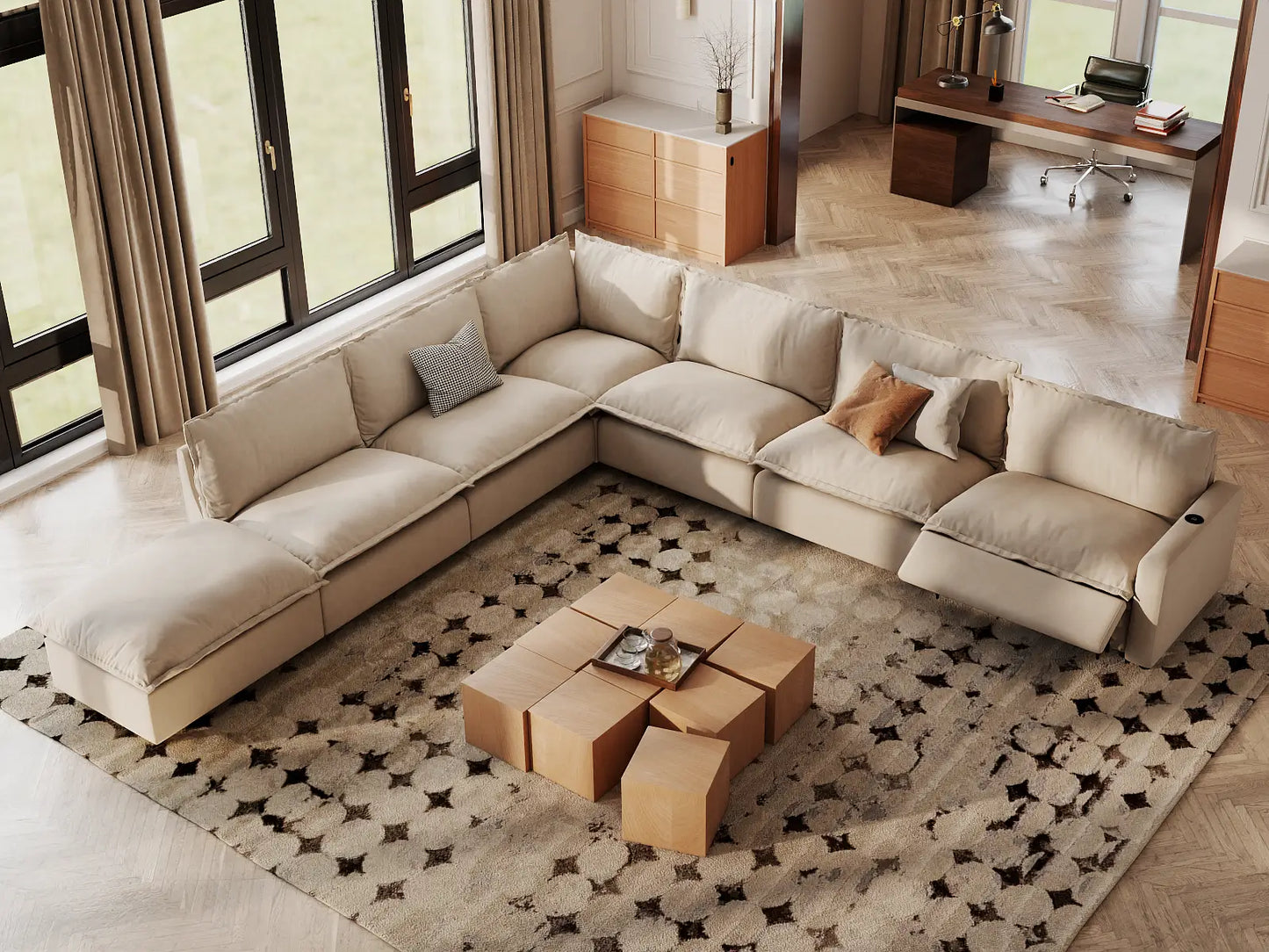 Modular Cero Reclining Sectionals | 7-Piece Beige Linen Grand Estate V-Shaped Sectionals 6-Seater with 1-Ottoman