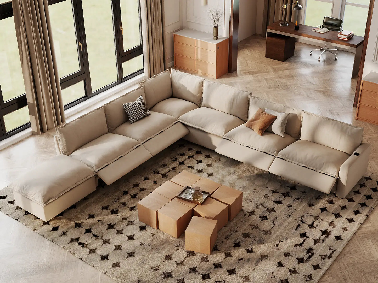 Modular Cero Sectional Couch with Recliner and Chaise | 7-Piece Beige Linen Grand Estate V-Shaped Sectionals 6-Seater with 1-Ottoman