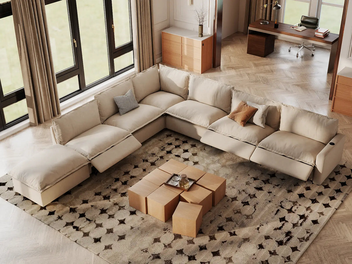 Modular Cero Reclining Sectionals | 7-Piece Beige Linen Grand Estate V-Shaped Sectionals 6-Seater with 1-Ottoman