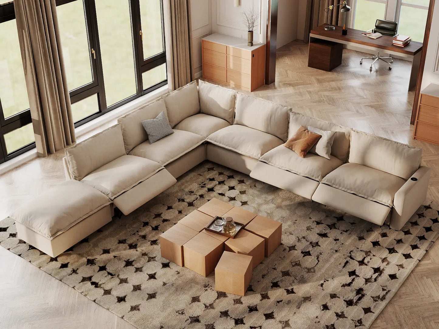 Modular Cero Reclining Sectionals | 7-Piece Beige Linen Grand Estate V-Shaped Sectionals 6-Seater with 1-Ottoman