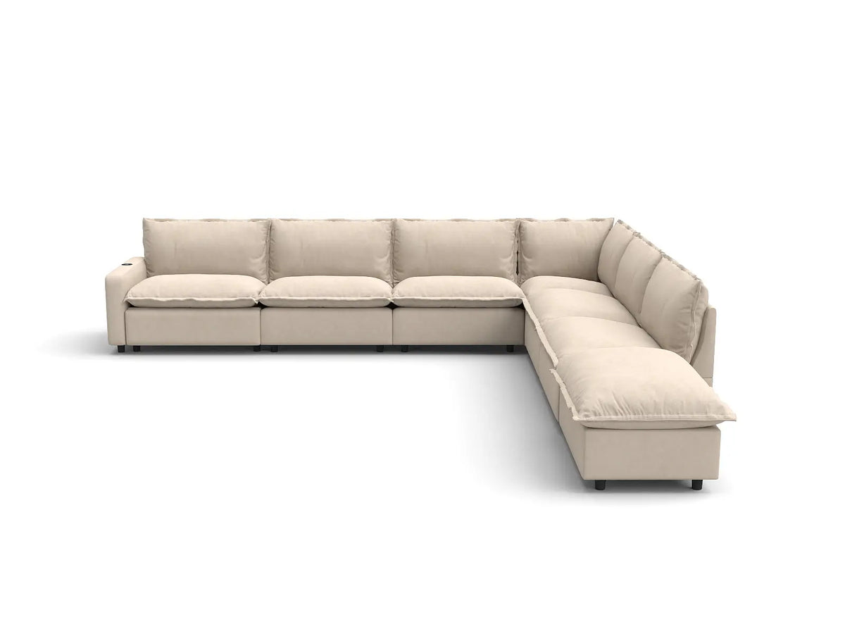 Modular Cero Reclining Sectionals | 7-Piece Beige Linen Grand Estate V-Shaped Sectionals 6-Seater with 1-Ottoman