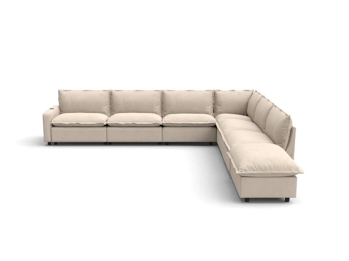 Modular Cero Reclining Sectionals | 7-Piece Beige Linen Grand Estate V-Shaped Sectionals 6-Seater with 1-Ottoman