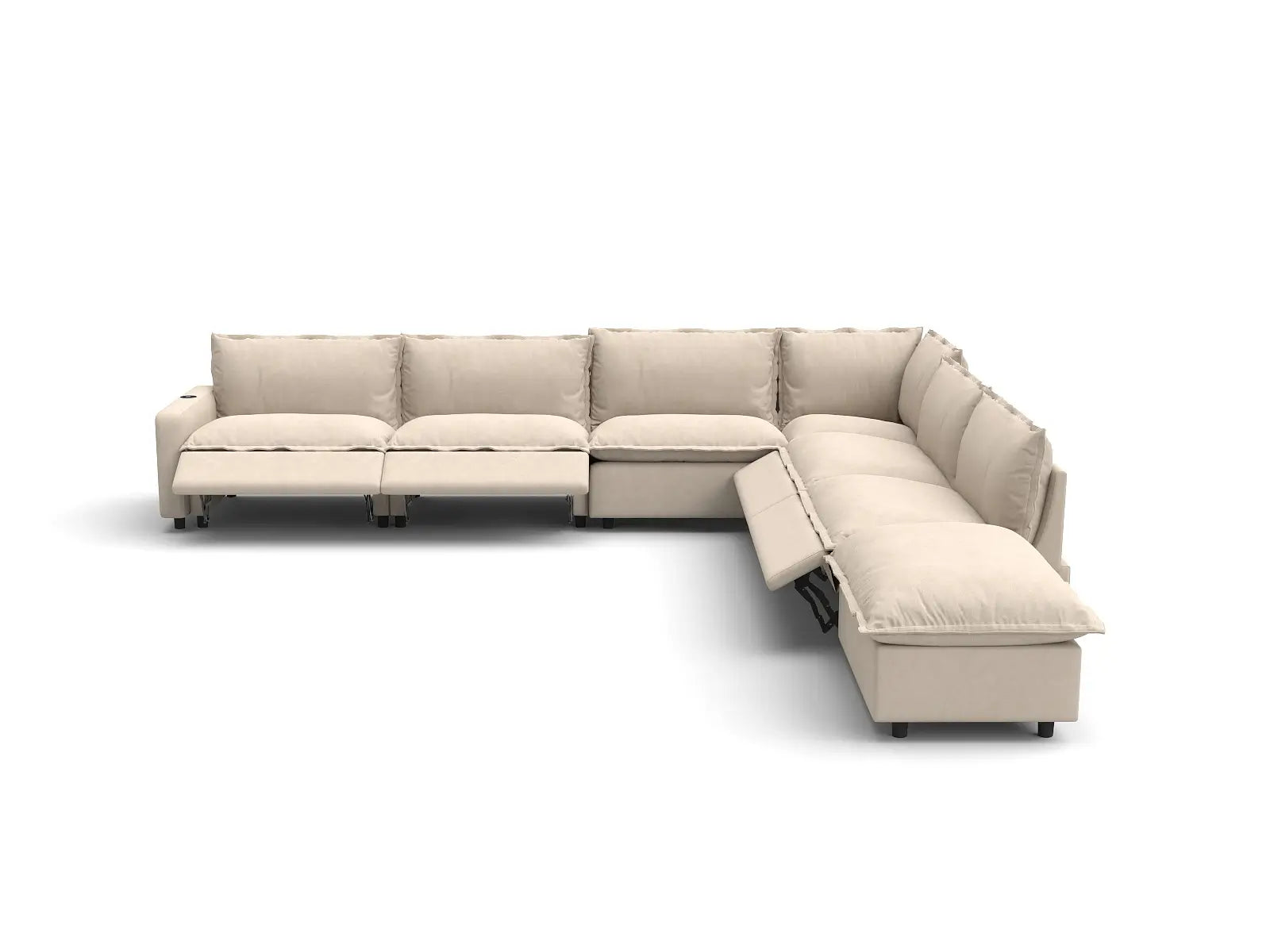 Modular Cero Sectional Couch with Recliner and Chaise | 7-Piece Beige Linen Grand Estate V-Shaped Sectionals 6-Seater with 1-Ottoman